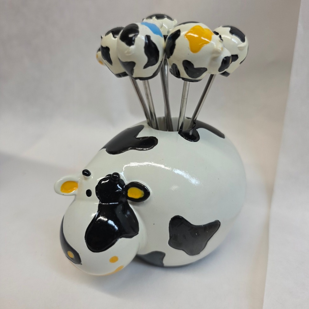 READ Boska Cow Party Pick Set White Black Ceramic Cheese Appetizer Tools 7pc